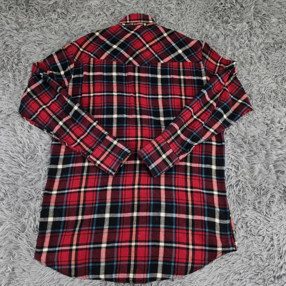 Plains Mens Medium Red Plaid Pearl Snap Long‎ Sleeve Flannel Western Shirt